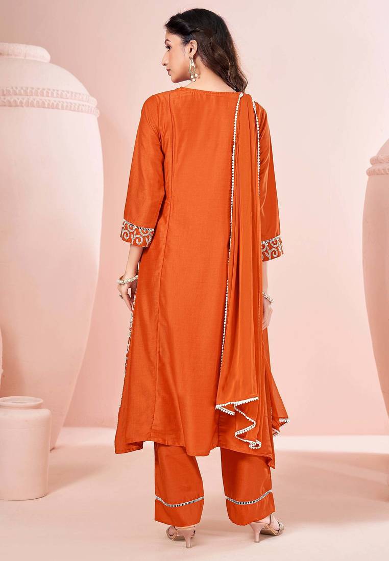 Orange chinon embroidered thread work ethnic kurta set with matching dupatta
