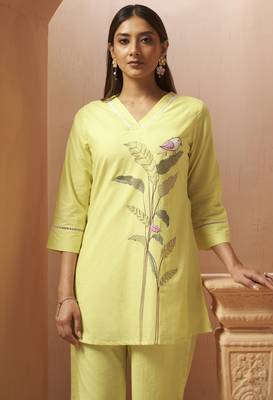 Yellow embroidered handwork cotton blend co-ord set 5