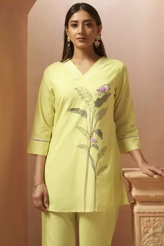 Yellow embroidered handwork cotton blend co-ord set