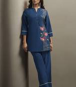 Women's pure cotton bird embroidered straight kurta with solid pure cotton pants co-ord set