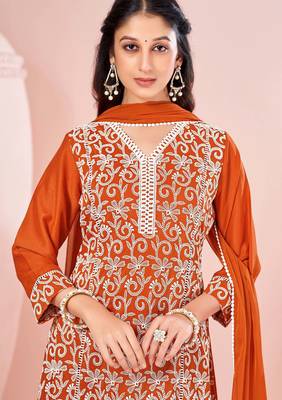 Orange chinon embroidered thread work ethnic kurta set with matching dupatta 5