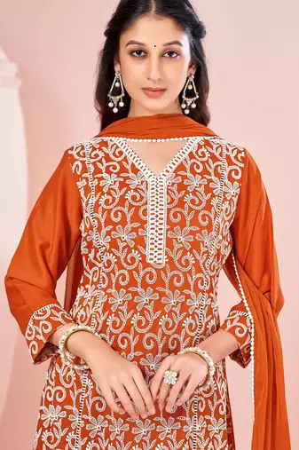 Orange chinon embroidered thread work ethnic kurta set with matching dupatta