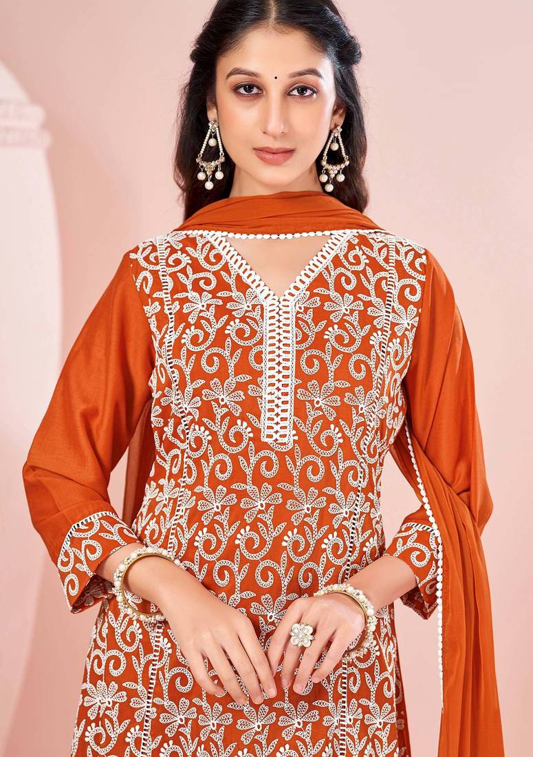 Orange chinon embroidered thread work ethnic kurta set with matching dupatta