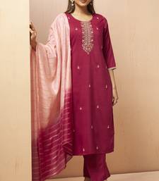 Red chinon embroidered hand embroidery ethnic kurta set with matching dupatta