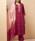 Red chinon embroidered hand embroidery ethnic kurta set with matching dupatta