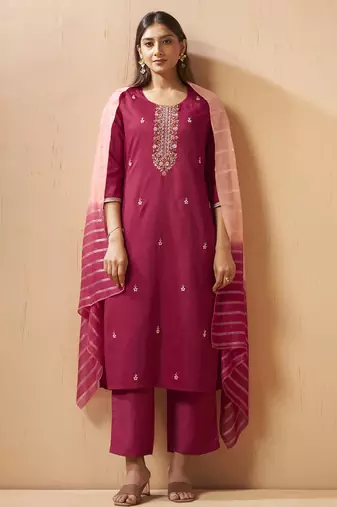 Red chinon embroidered hand embroidery ethnic kurta set with matching dupatta