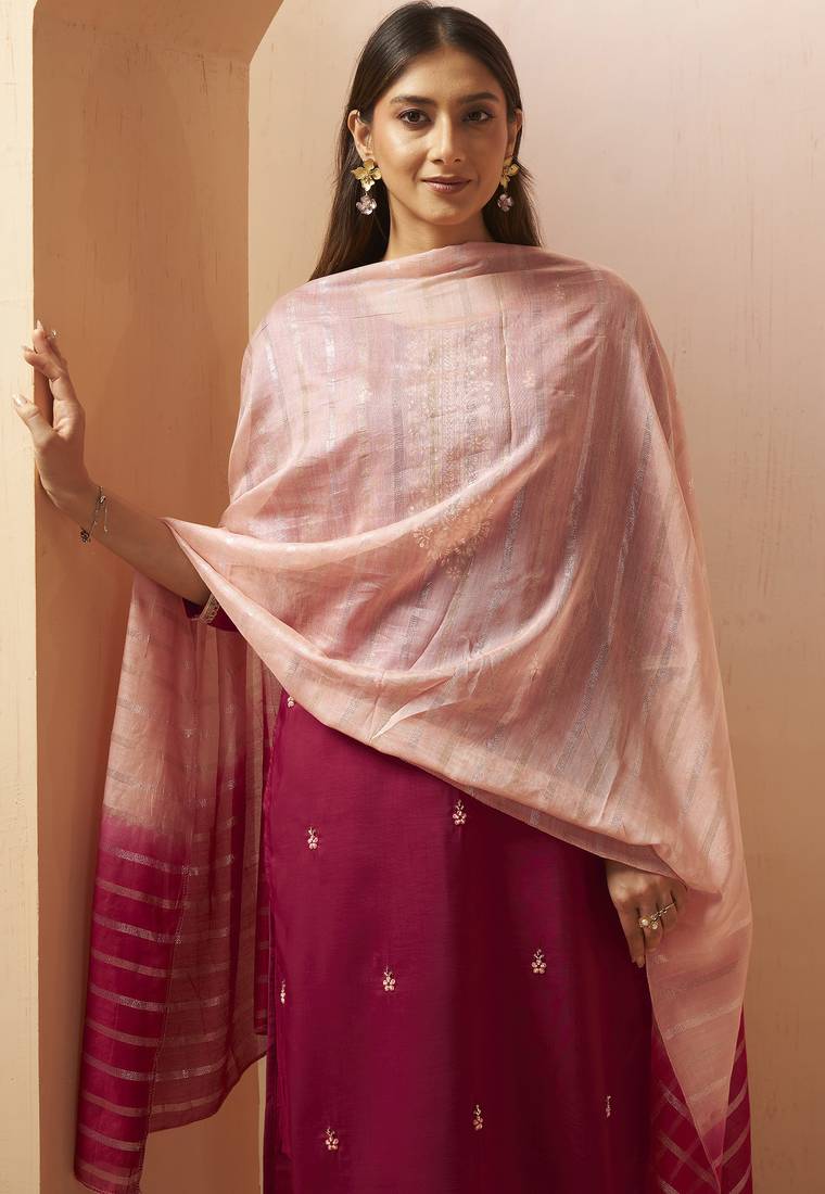 Red chinon embroidered hand embroidery ethnic kurta set with matching dupatta