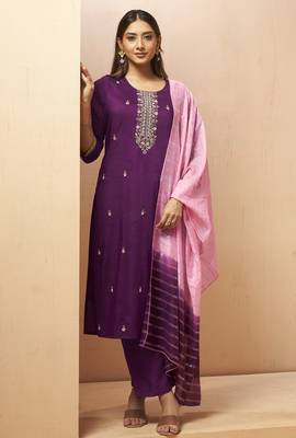 Wine chinon embroidered hand embroidery ethnic kurta set with matching dupatta 1
