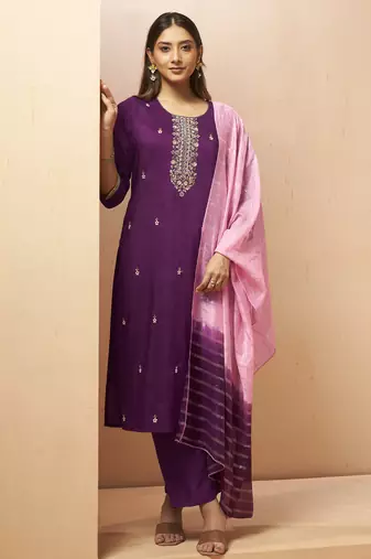 Wine chinon embroidered hand embroidery ethnic kurta set with matching dupatta