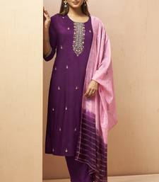 Wine chinon embroidered hand embroidery ethnic kurta set with matching dupatta