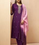 Wine chinon embroidered hand embroidery ethnic kurta set with matching dupatta