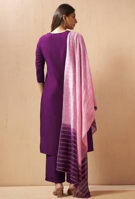 Wine chinon embroidered hand embroidery ethnic kurta set with matching dupatta 2