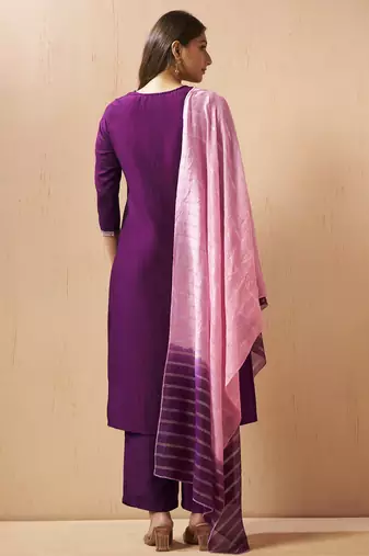 Wine chinon embroidered hand embroidery ethnic kurta set with matching dupatta