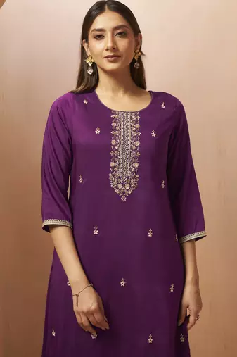 Wine chinon embroidered hand embroidery ethnic kurta set with matching dupatta