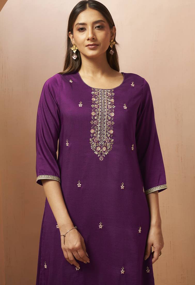 Wine chinon embroidered hand embroidery ethnic kurta set with matching dupatta