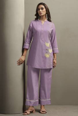 Women's purple pure cotton bird embroidered straight kurta with solid pure cotton pants co-ord set 1