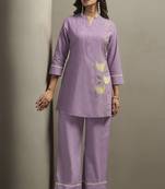 Women's purple pure cotton bird embroidered straight kurta with solid pure cotton pants co-ord set