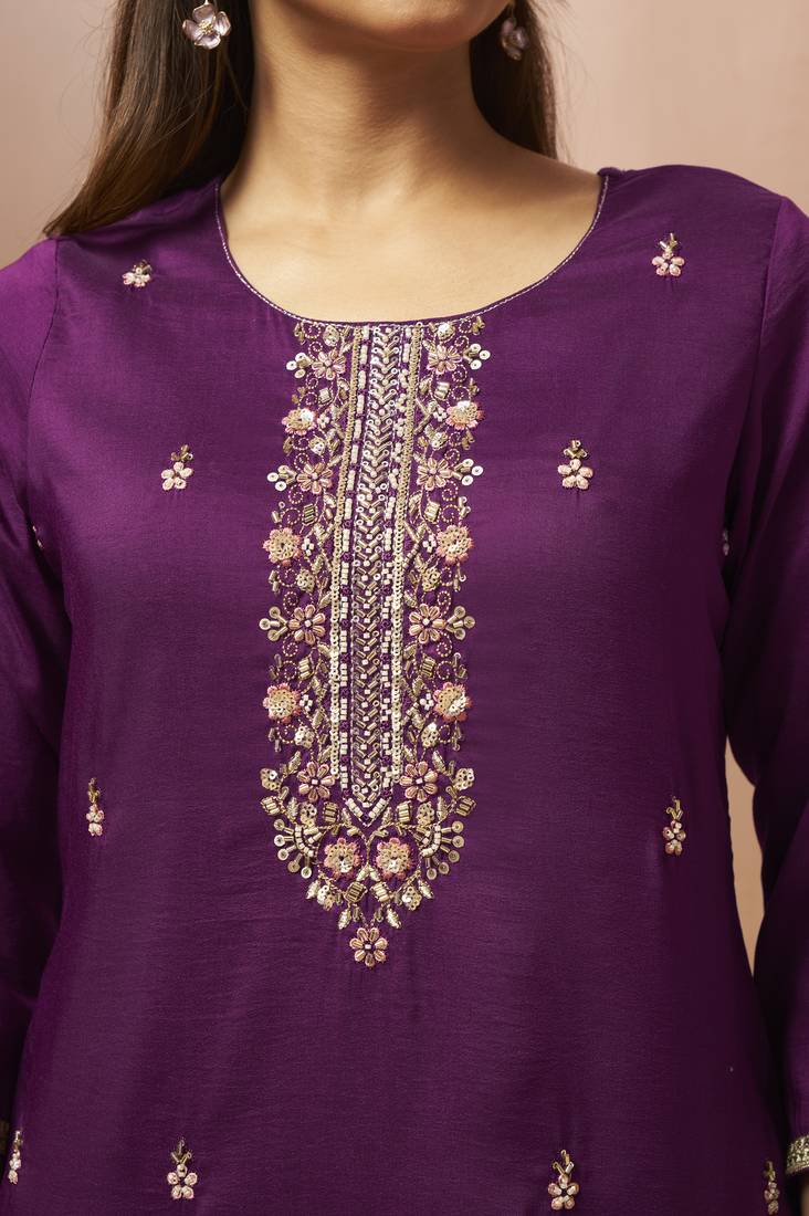 Wine chinon embroidered hand embroidery ethnic kurta set with matching dupatta
