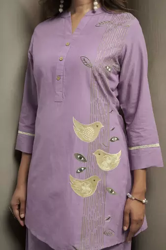 Women's purple pure cotton bird embroidered straight kurta with solid pure cotton pants co-ord set