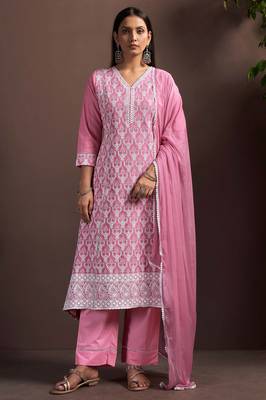 Pink pure cotton embroidered thread work ethnic kurta set with matching dupatta 1