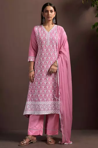 Pink pure cotton embroidered thread work ethnic kurta set with matching dupatta