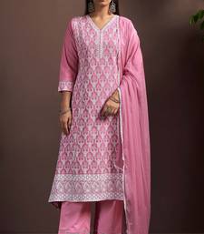 Pink pure cotton embroidered thread work ethnic kurta set with matching dupatta