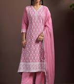Pink pure cotton embroidered thread work ethnic kurta set with matching dupatta