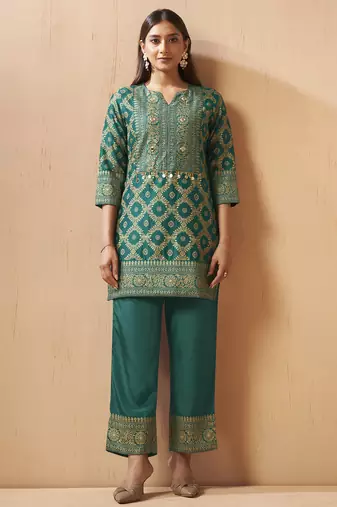 Women's rama green jacquard vichitra silk co-ord set