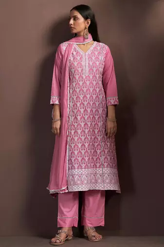 Pink pure cotton embroidered thread work ethnic kurta set with matching dupatta