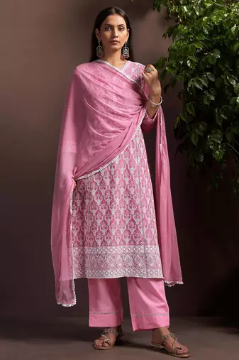 Pink pure cotton embroidered thread work ethnic kurta set with matching dupatta
