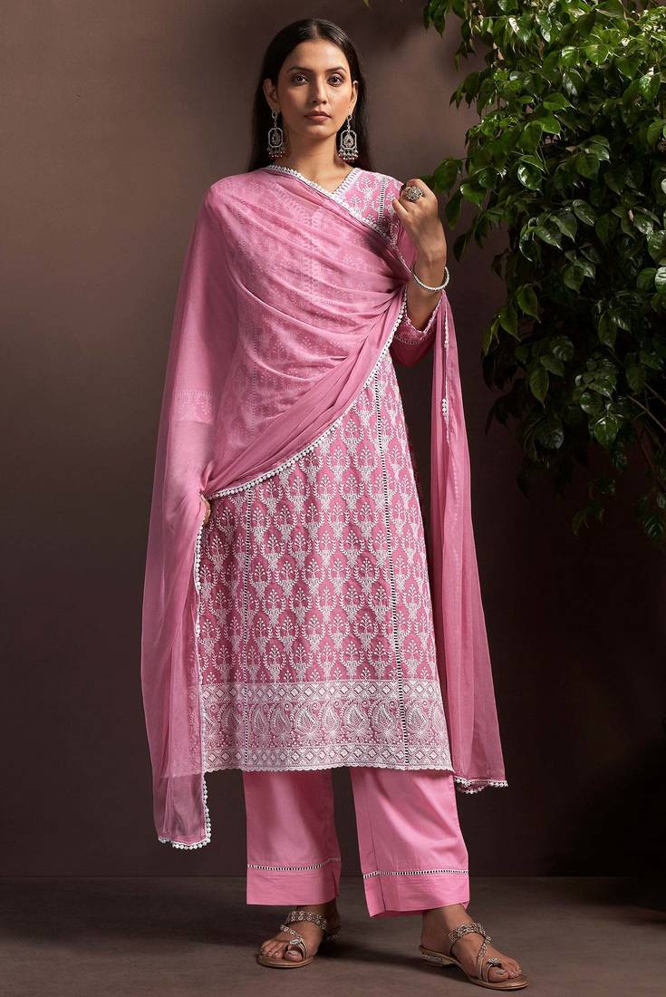 Pink pure cotton embroidered thread work ethnic kurta set with matching dupatta