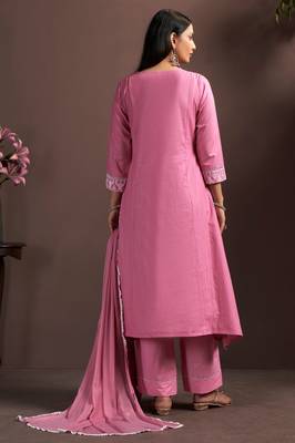 Pink pure cotton embroidered thread work ethnic kurta set with matching dupatta 4