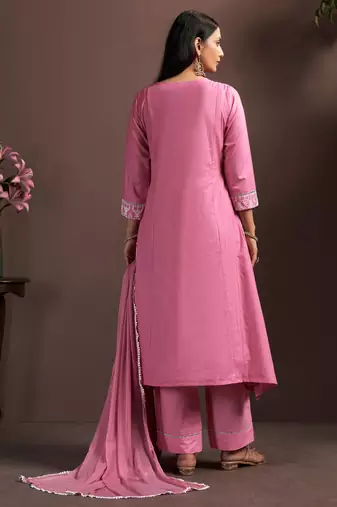 Pink pure cotton embroidered thread work ethnic kurta set with matching dupatta