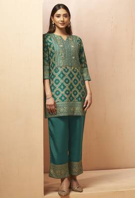 Women's rama green jacquard vichitra silk co-ord set 3