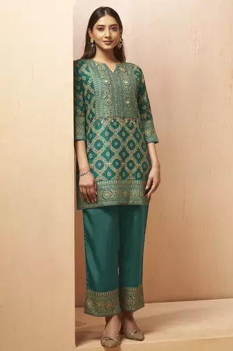 Women's rama green jacquard vichitra silk co-ord set
