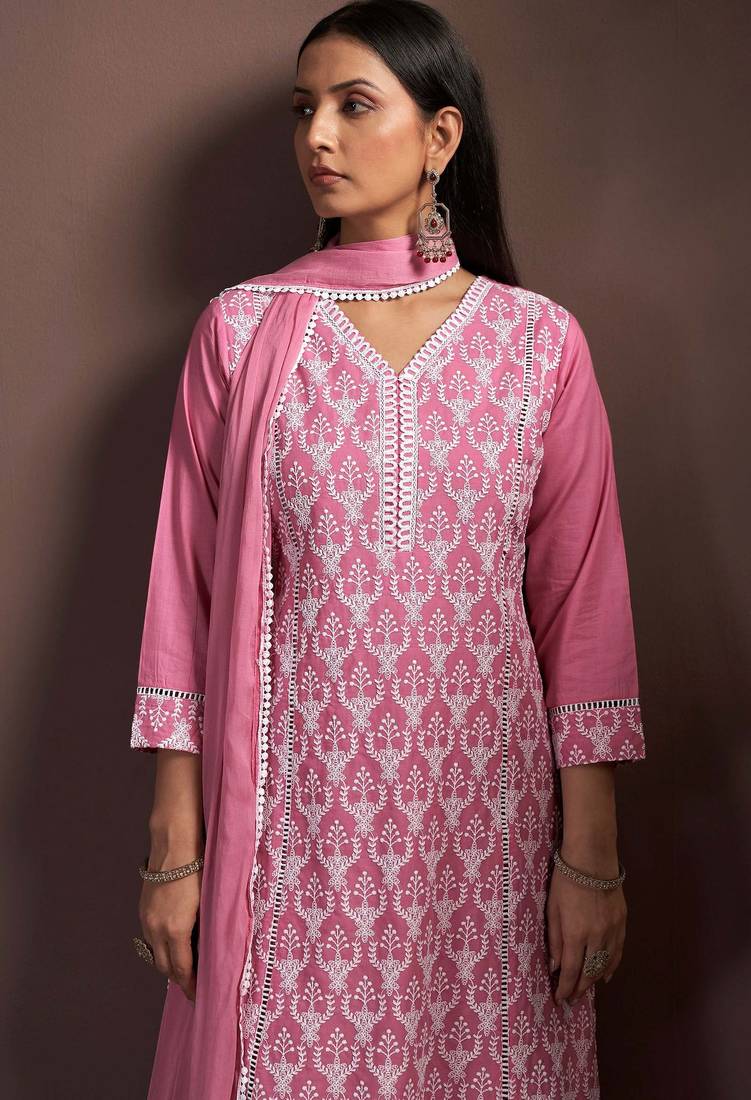 Pink pure cotton embroidered thread work ethnic kurta set with matching dupatta