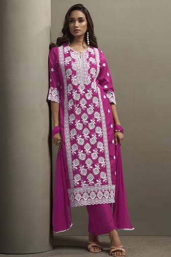 Green chinon embroidered thread work ethnic kurta set with matching dupatta