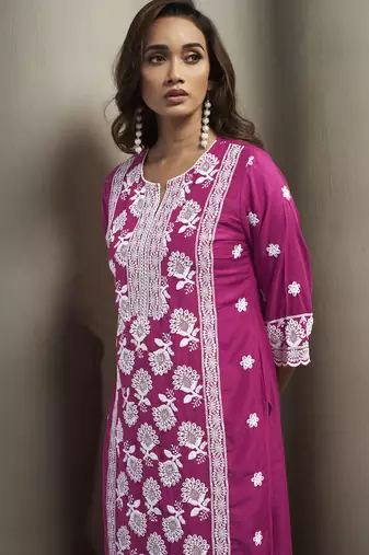 Green chinon embroidered thread work ethnic kurta set with matching dupatta