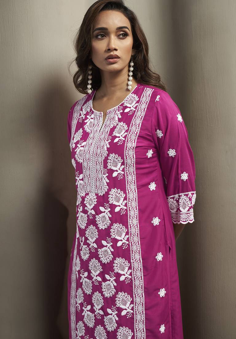 Green chinon embroidered thread work ethnic kurta set with matching dupatta