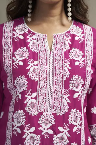 Green chinon embroidered thread work ethnic kurta set with matching dupatta