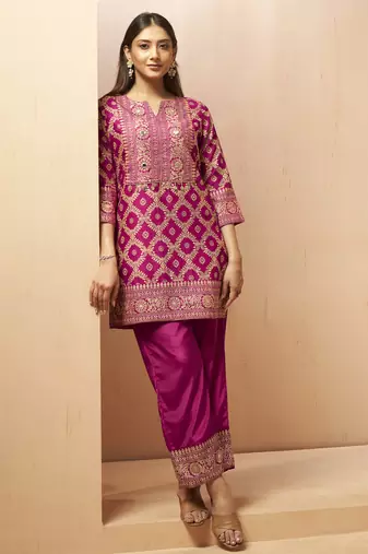 Women's pink jacquard vichitra silk co-ord set