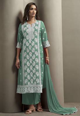 Green chinon embroidered thread work ethnic kurta set with matching dupatta 1