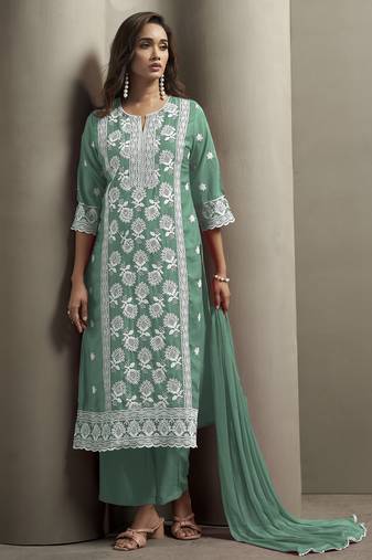 Green chinon embroidered thread work ethnic kurta set with matching dupatta