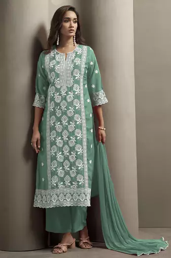 Green chinon embroidered thread work ethnic kurta set with matching dupatta