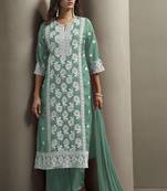 Green chinon embroidered thread work ethnic kurta set with matching dupatta