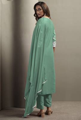 Green chinon embroidered thread work ethnic kurta set with matching dupatta 2
