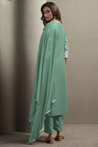 Green chinon embroidered thread work ethnic kurta set with matching dupatta