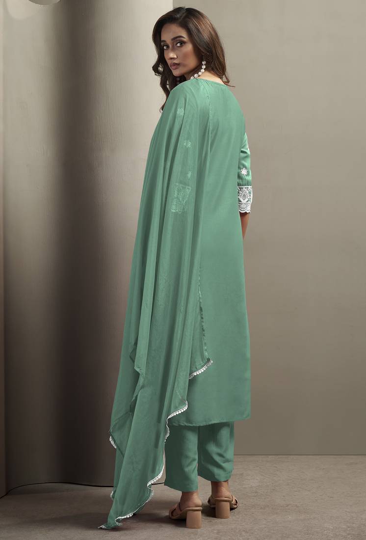 Green chinon embroidered thread work ethnic kurta set with matching dupatta