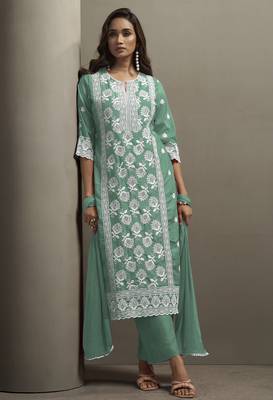 Green chinon embroidered thread work ethnic kurta set with matching dupatta 3