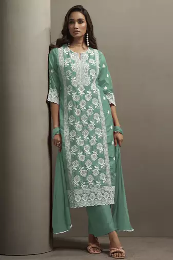 Green chinon embroidered thread work ethnic kurta set with matching dupatta